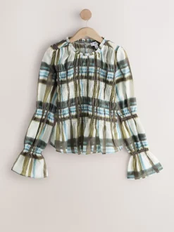 Khaki/Cream Check - Sheer Smocked Long Sleeve Top