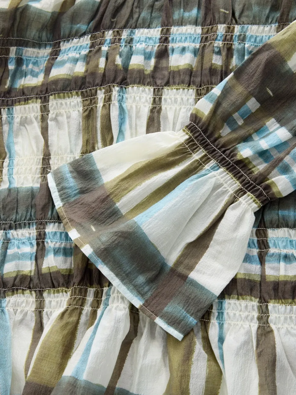 Khaki/Cream Check - Sheer Smocked Long Sleeve Top