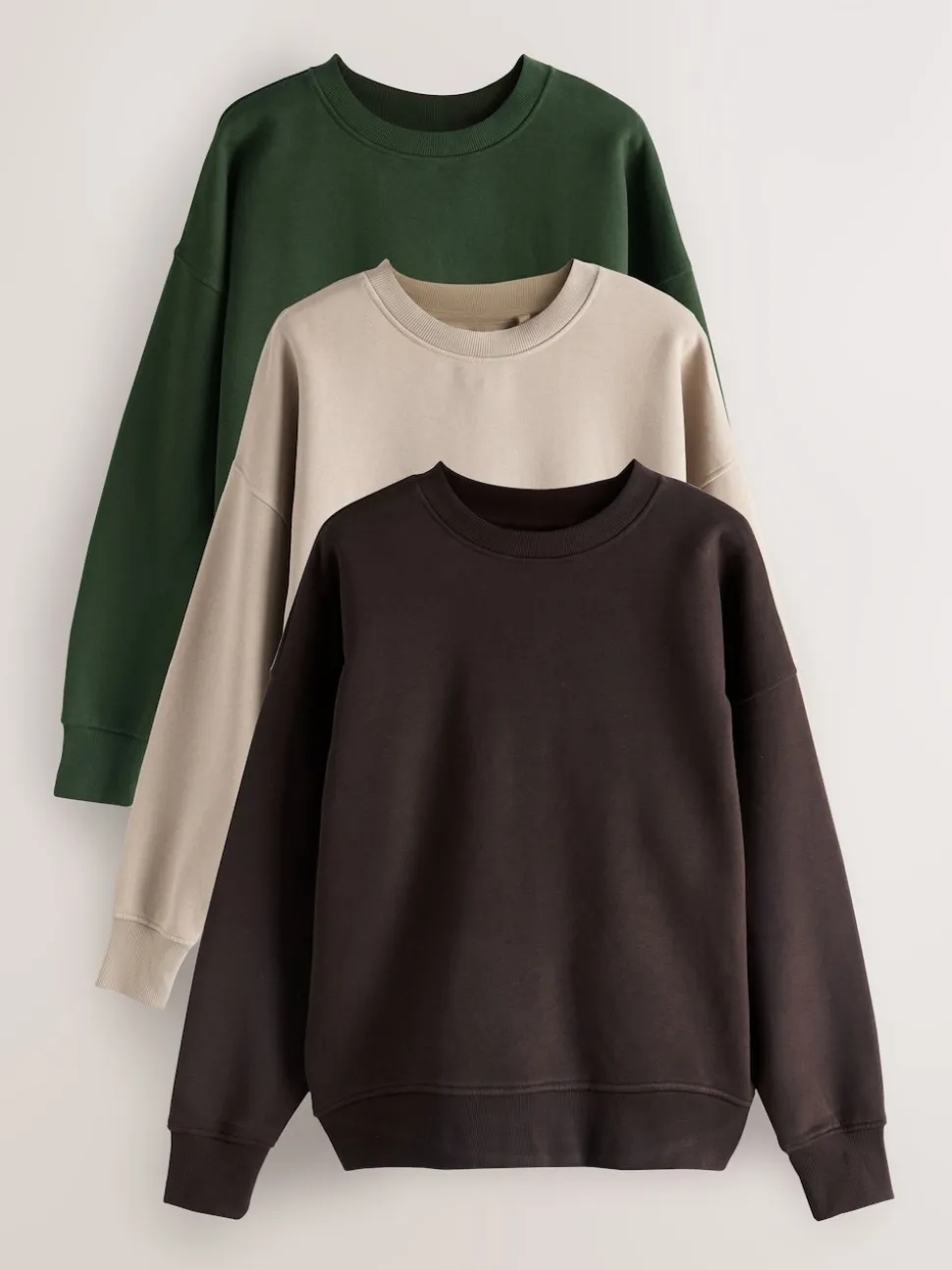 Khaki/steenkleur - Cotton Rich Brushed Back Soft Feel Ribbed Crewneck Sweatshirts 3 Pack