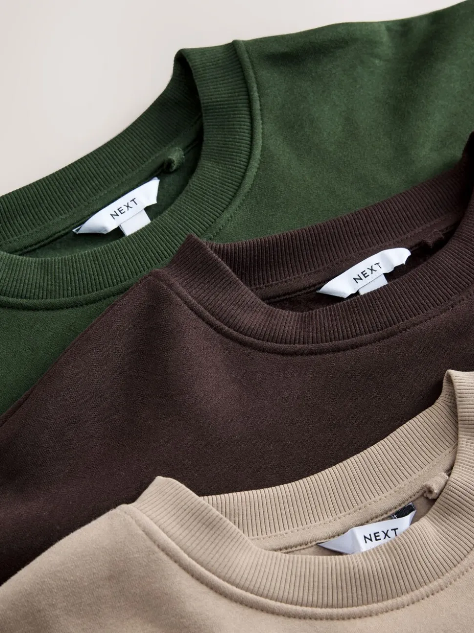Khaki/steenkleur - Cotton Rich Brushed Back Soft Feel Ribbed Crewneck Sweatshirts 3 Pack