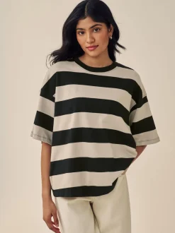Kiezelkleurige neutrale streep - Boxy oversized T-shirt met relaxte pasvorm van zware stof en ronde hals