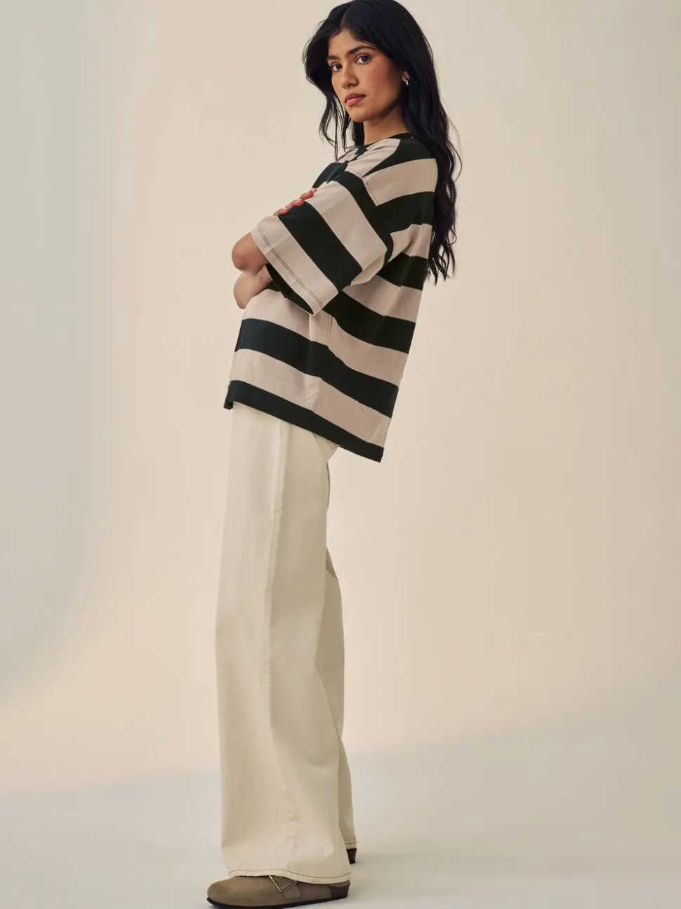 Kiezelkleurige neutrale streep - Boxy oversized T-shirt met relaxte pasvorm van zware stof en ronde hals
