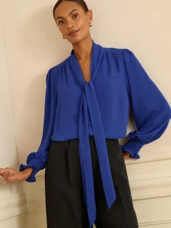 Kobaltblauw - Love & Roses blouse met lange mouwen en striksluiting