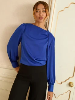 Kobaltblauw - Love & Roses Lange mouwen Satijn Watervalhals Blouse
