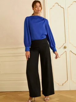 Kobaltblauw - Love & Roses Lange mouwen Satijn Watervalhals Blouse
