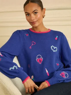Kobaltblauw - Love & Roses Embroidered Detail Knitted Jumper