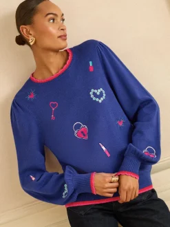 Kobaltblauw - Love & Roses Embroidered Detail Knitted Jumper