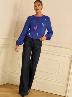 Kobaltblauw - Love & Roses Embroidered Detail Knitted Jumper