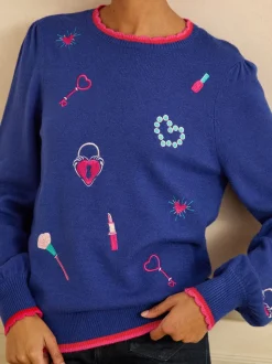 Kobaltblauw - Love & Roses Embroidered Detail Knitted Jumper