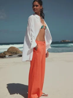 Koraalroze - Smart Front Linen Blend Wide Leg Trousers