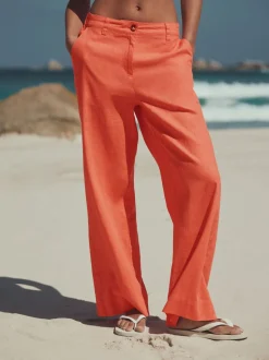 Koraalroze - Smart Front Linen Blend Wide Leg Trousers