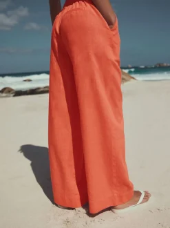 Koraalroze - Smart Front Linen Blend Wide Leg Trousers