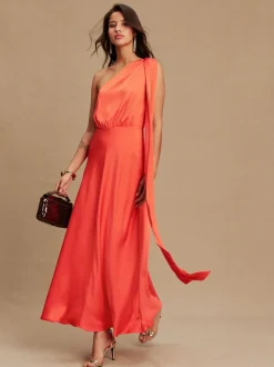 Koraalroze - Textured Satin Scarf Neck Midi Dress