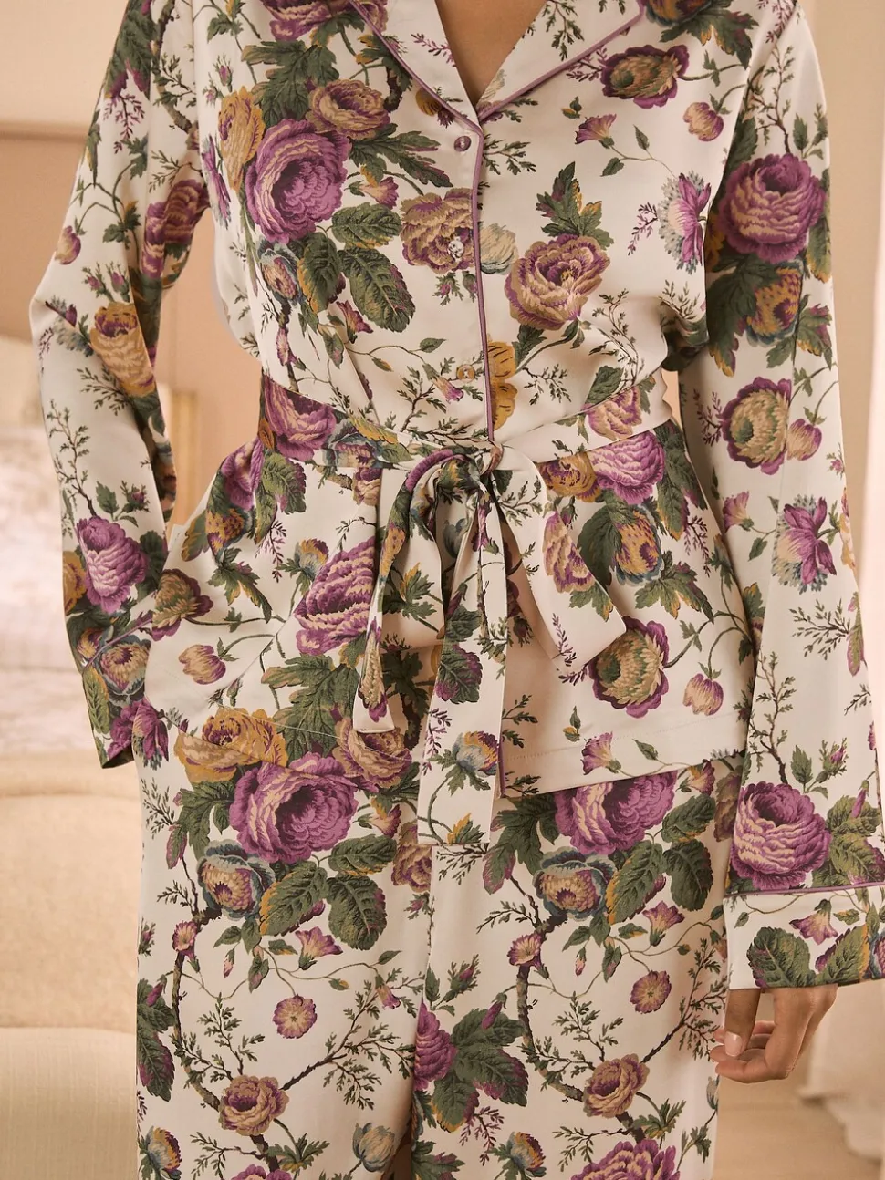 Laura Ashley Uffington Roses Satin Button Through Pyjamas