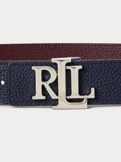 Lauren Navy/Dark Garnet - Lauren Ralph Lauren 2,5cm Omkeerbare kiezelkleurige leren riem met logo