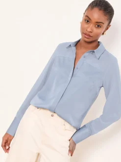 Lichtblauw - Lipsy Long Sleeve Satin Chiffon Mix Shirt