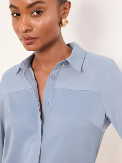 Lichtblauw - Lipsy Long Sleeve Satin Chiffon Mix Shirt