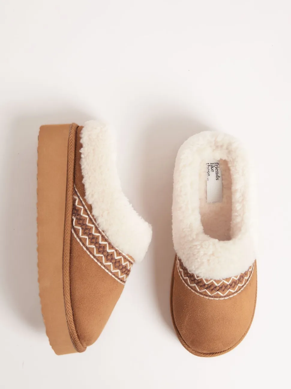 Lichtbruin - Friends Like These Faux Fur Cuff Embroidered Tape Nightwear Mule Slippers