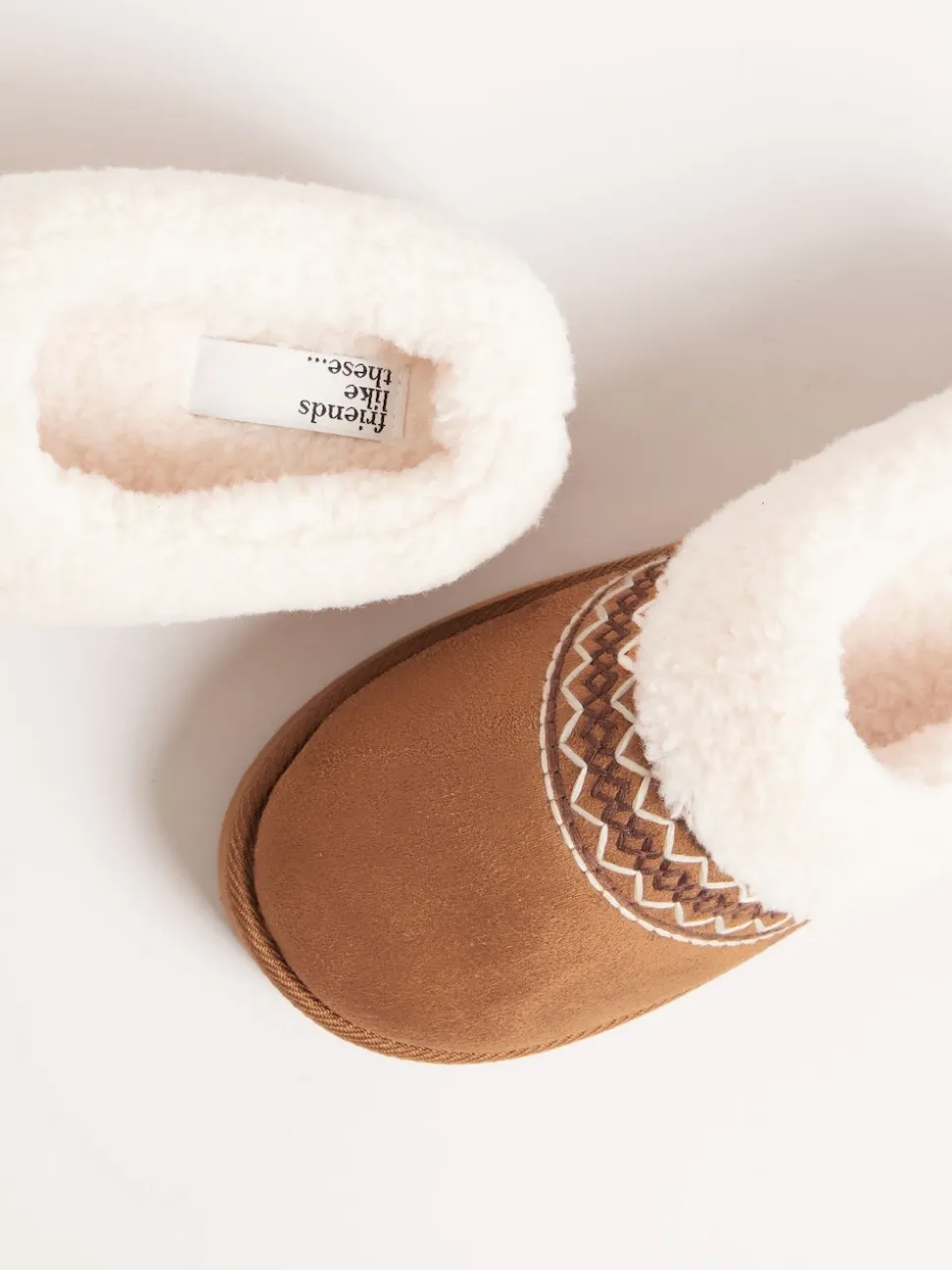 Lichtbruin - Friends Like These Faux Fur Cuff Embroidered Tape Nightwear Mule Slippers
