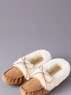 Lichtbruin - Lakeland leren mocassins met schapenvacht voor dames