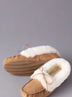 Lichtbruin - Lakeland leren mocassins met schapenvacht voor dames