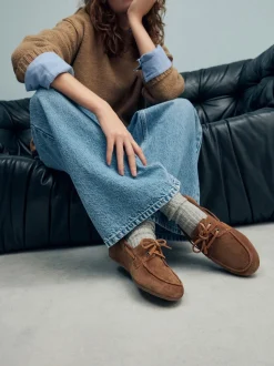 Lichtbruin - Leren bootschoenen met ronde neus