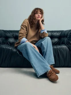 Lichtbruin - Leren bootschoenen met ronde neus