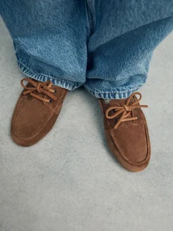 Lichtbruin - Leren bootschoenen met ronde neus