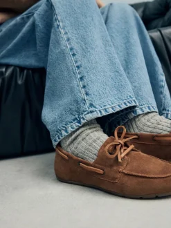 Lichtbruin - Leren bootschoenen met ronde neus