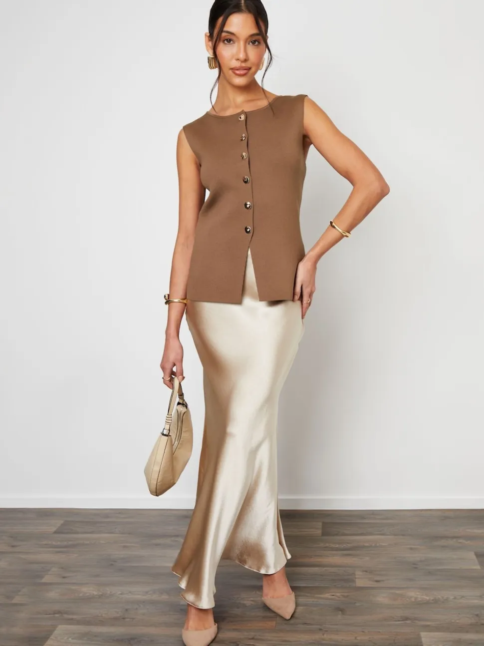 Lichtbruin - Threadbare Ribbed Knitted Waistcoat
