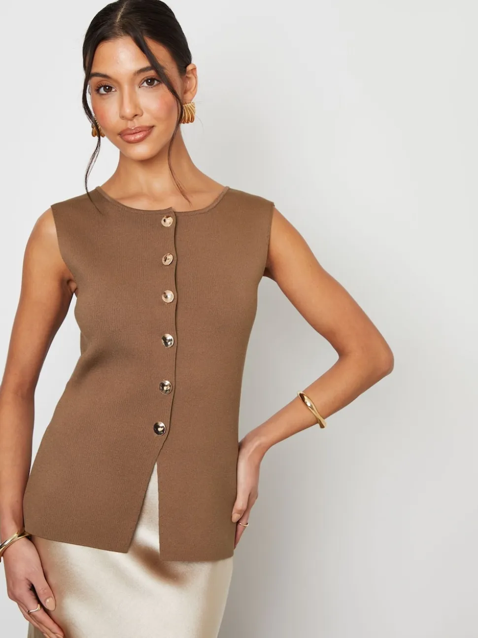 Lichtbruin - Threadbare Ribbed Knitted Waistcoat