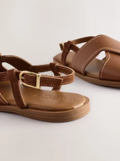 Lichtbruin leer - Gestikte sandalen met hielbandje