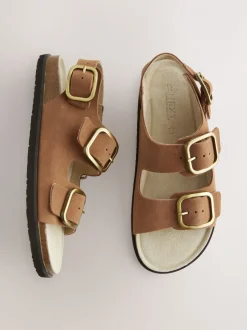 Lichtbruin leer - Sandalen met voetbed en bandje aan de achterkant