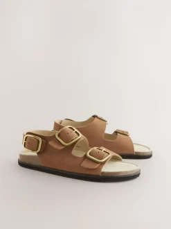 Lichtbruin leer - Sandalen met voetbed en bandje aan de achterkant