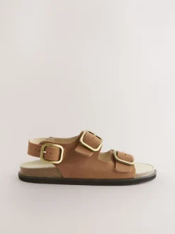 Lichtbruin leer - Sandalen met voetbed en bandje aan de achterkant