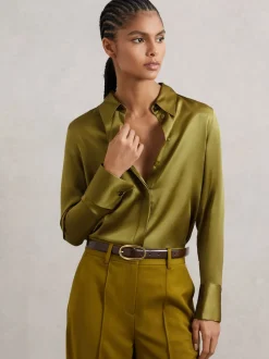 Lichtgroen - Reiss Ameira Silk-Satin Concealed-Placket Shirt