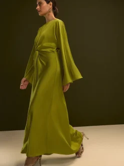 Limoengroen - Twist Front Long Sleeve Satin Maxi Dress