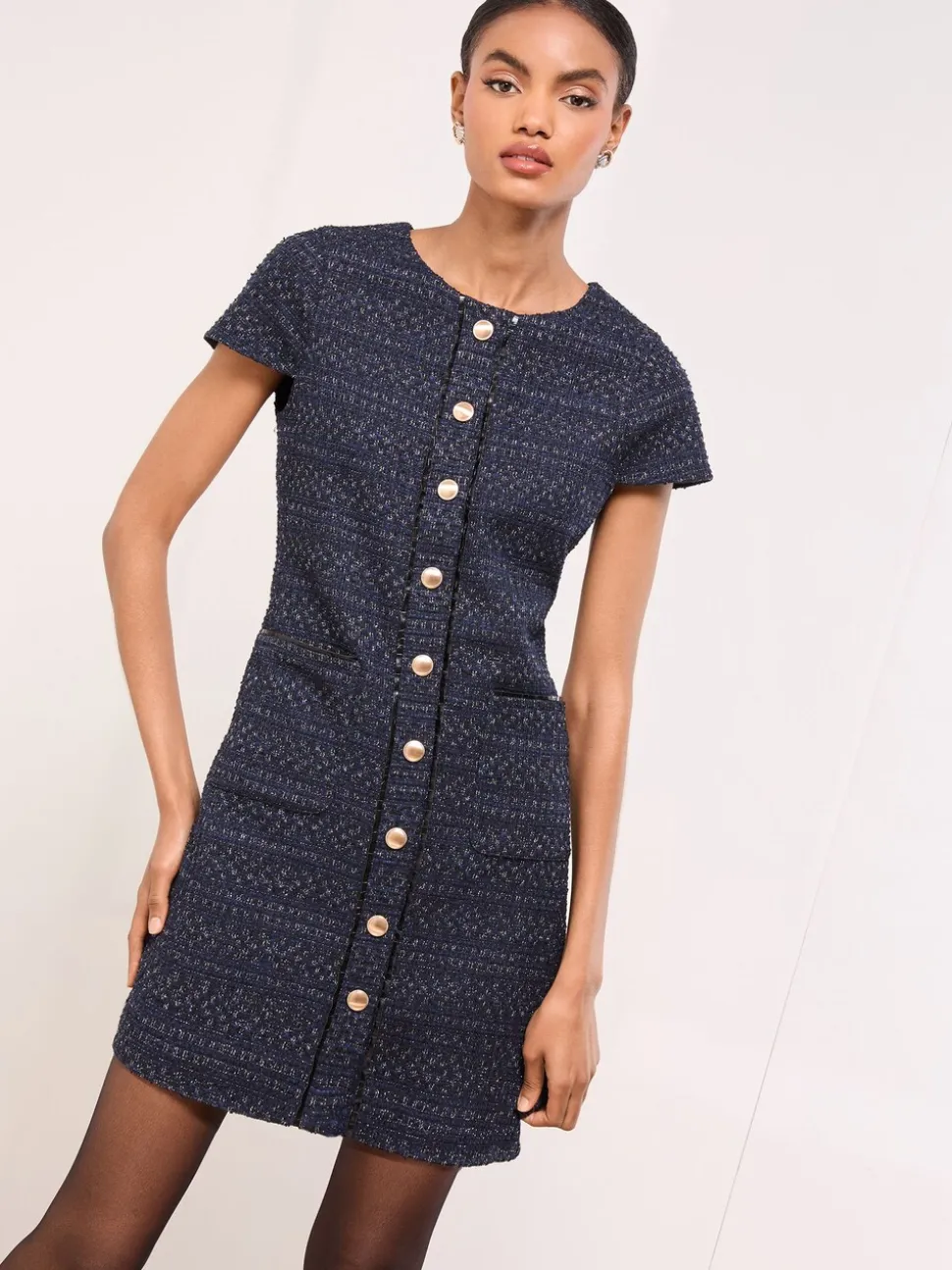 Lipsy Boucle Button Through Short Sleeve Shift Dress