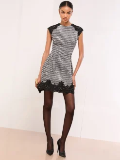 Lipsy Boucle Lace Trim Short Sleeve Mini Dress