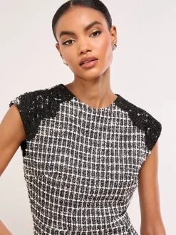 Lipsy Boucle Lace Trim Short Sleeve Mini Dress