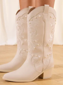 Lipsy Bridal Pearl Embellished Mid Calf Western Boots