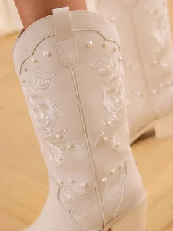 Lipsy Bridal Pearl Embellished Mid Calf Western Boots