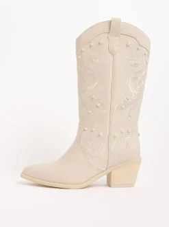 Lipsy Bridal Pearl Embellished Mid Calf Western Boots