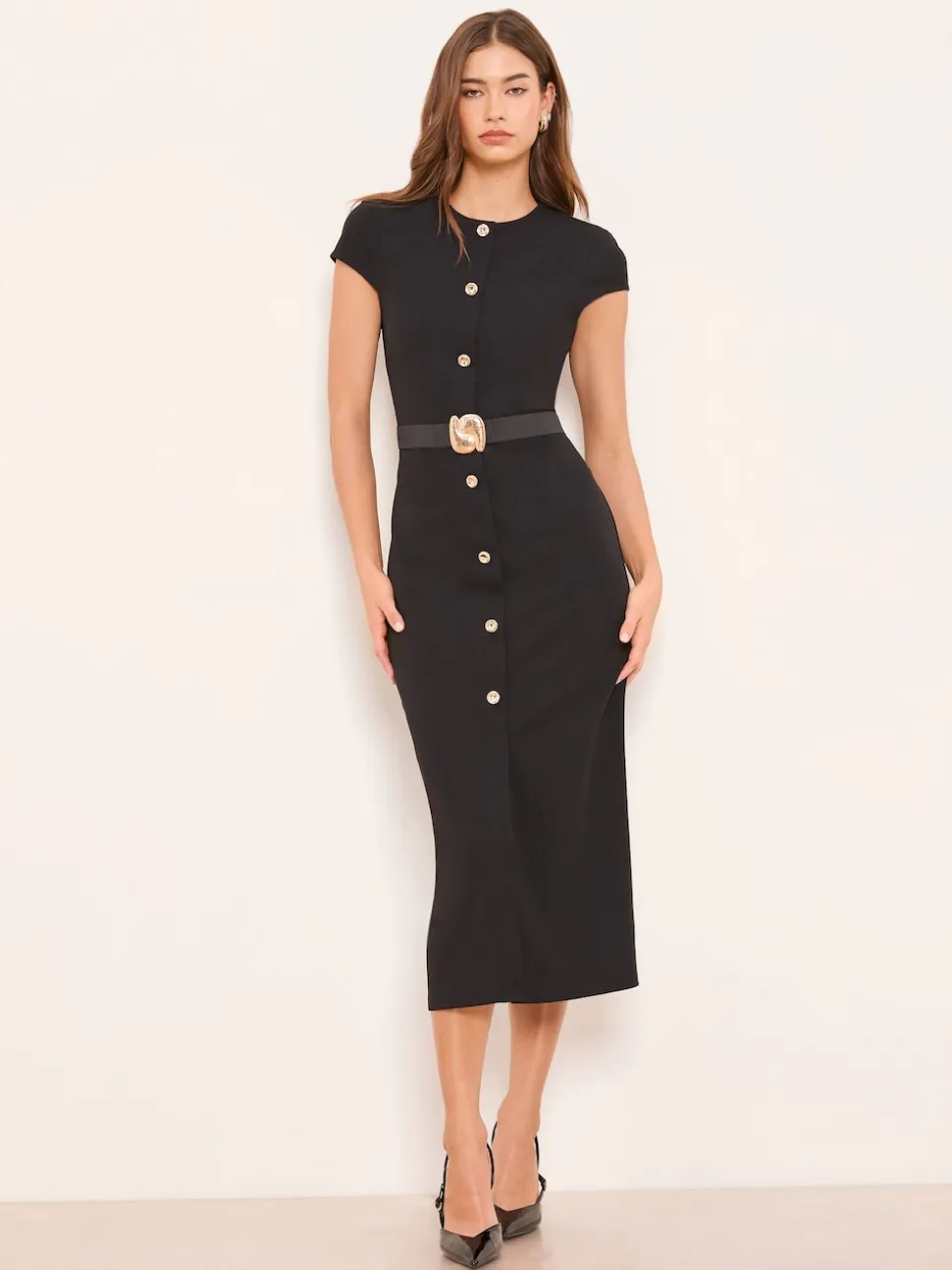 Lipsy Cap Sleeve Button Through Belted Bodycon Midi Dress