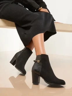 Lipsy Faux Leather Mid Heel Almond Toe Mixed Fabric Ankle Boots