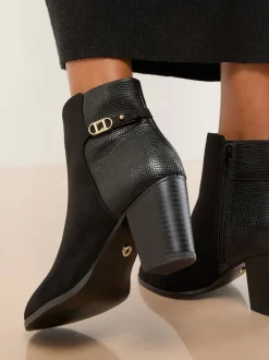 Lipsy Faux Leather Mid Heel Almond Toe Mixed Fabric Ankle Boots