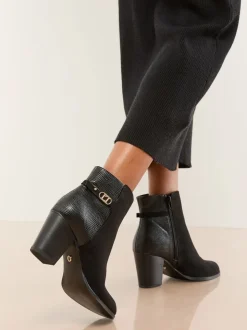 Lipsy Faux Leather Mid Heel Almond Toe Mixed Fabric Ankle Boots