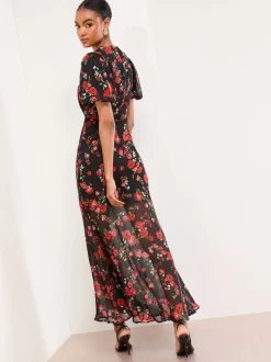 Lipsy Floral Print Short Sleeve Woven Maxi Dress