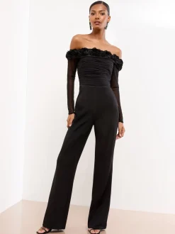 Lipsy Flower 3D Trim Bardot Long Sleeve Mesh Jumpsuit