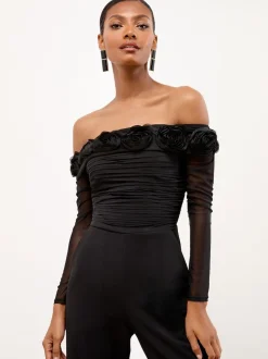 Lipsy Flower 3D Trim Bardot Long Sleeve Mesh Jumpsuit